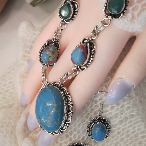 NATURAL TURQUOISE GEMSTONE LADIES UNIQUE NECKLACE EARRING SET - Picture 4 of 9